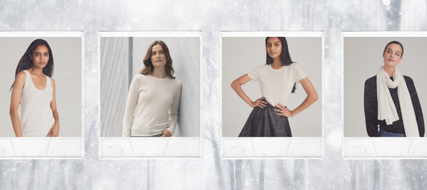 white banner sparkly with four model images all wearing cashmere in white hues