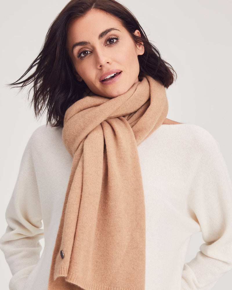 Woman wearing Kennedy Travel Wrap in Camel