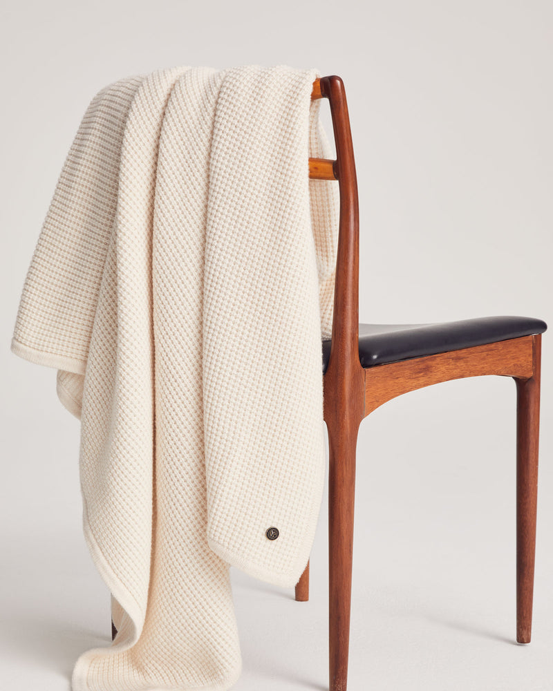 cashmere waffle knit blanket in ivory