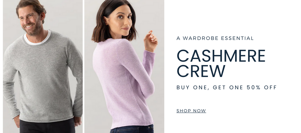 A wardrobe essential--the cashmere crew. Buy one get one 50% off