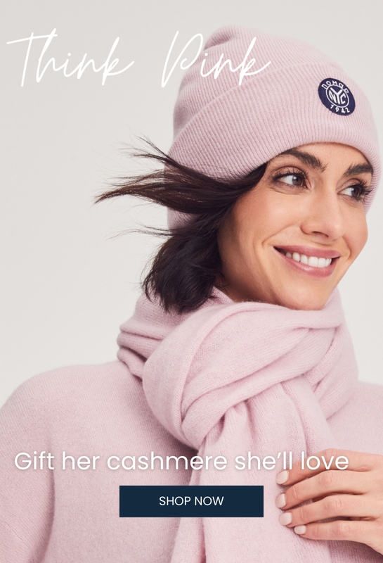 THINK PINK banner; model wearing pink cashmere; gift her cashmere she'll love>> Shop now