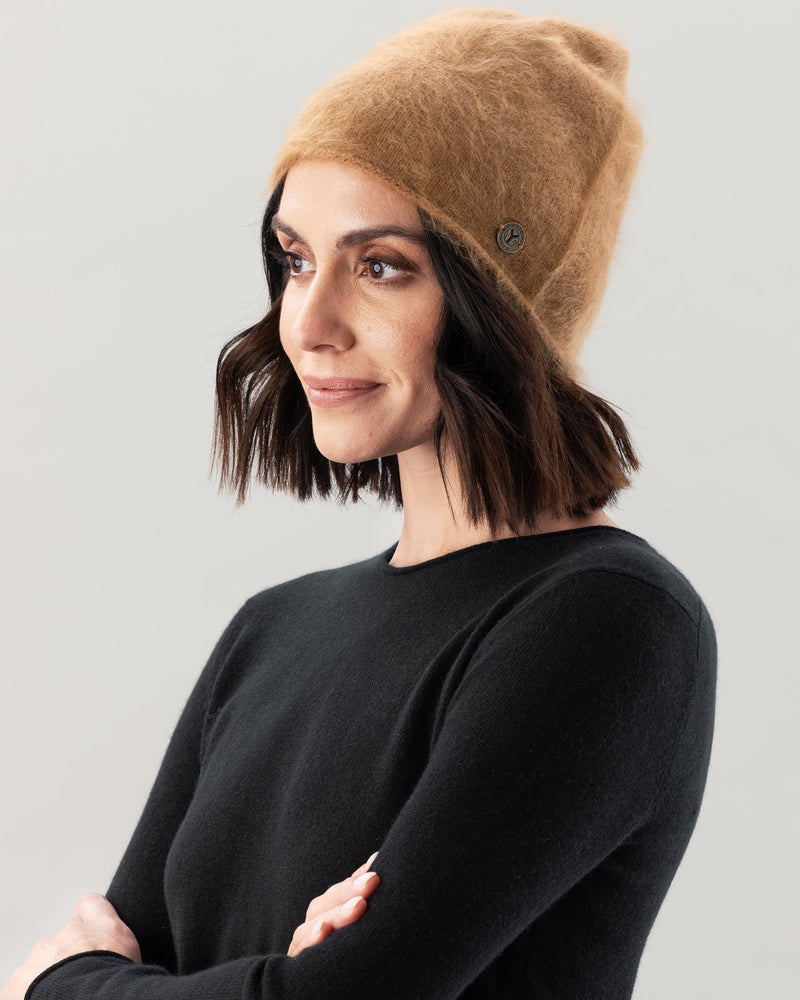 model wearing caramel brushed cashmere beanie