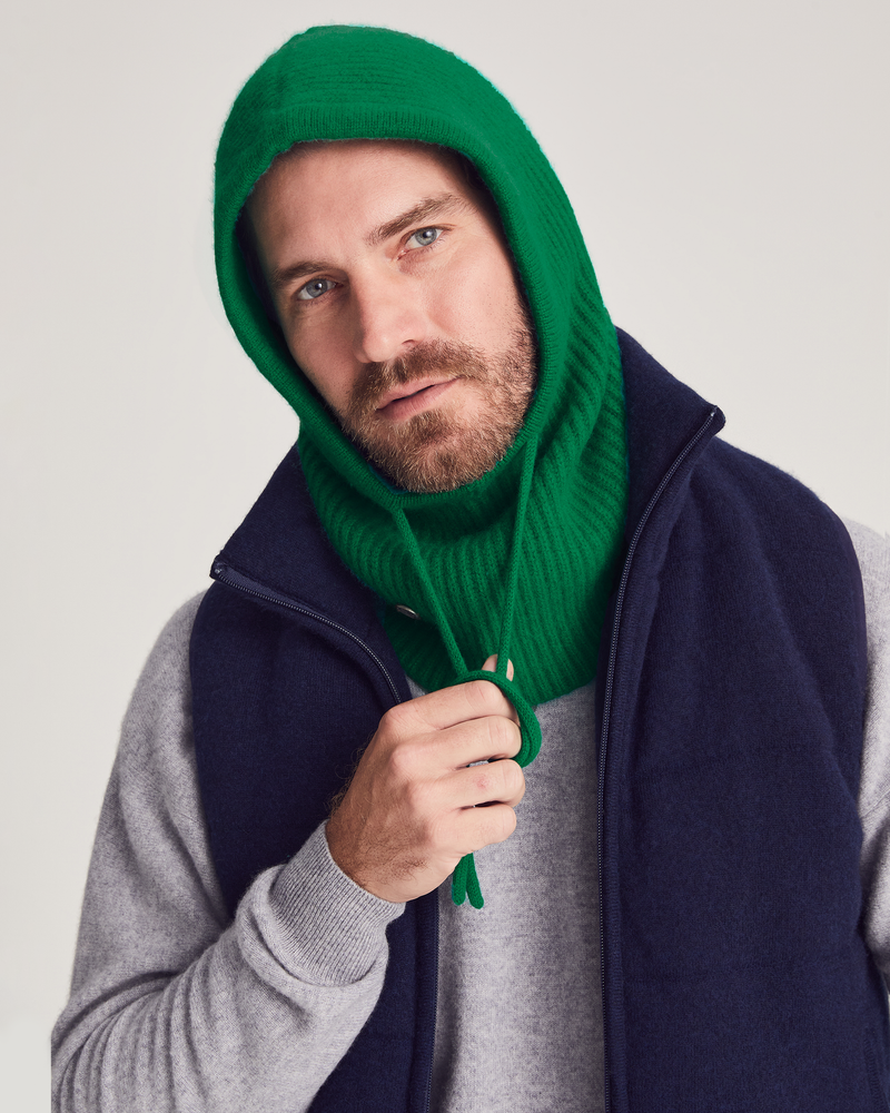 Man wearing Roosevelt Hood in Kelly Green