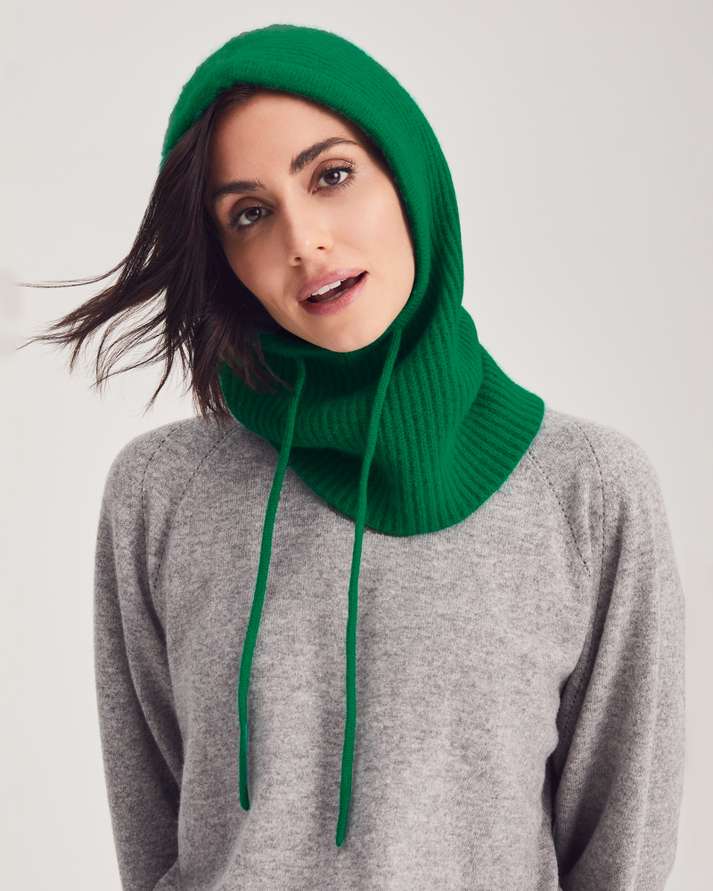 Woman wearing Roosevelt Hood in Kelly Green