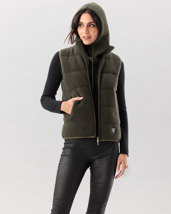 Woman wearing Roosevelt Hood in Olive 