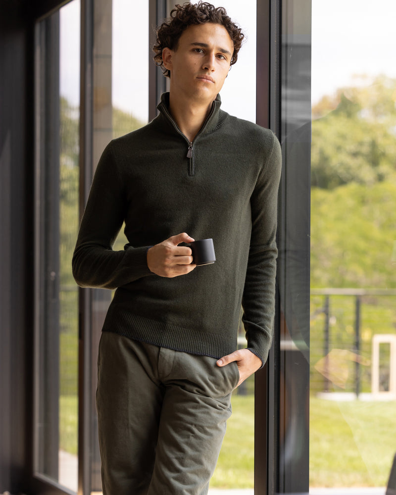 Cashmere Quarter-Zip Sweater with Contrast Tipping in Olive