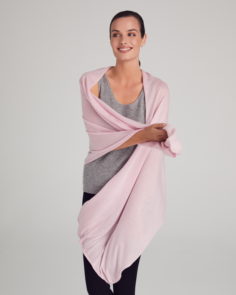 woman wearing cashmere wrap in peony