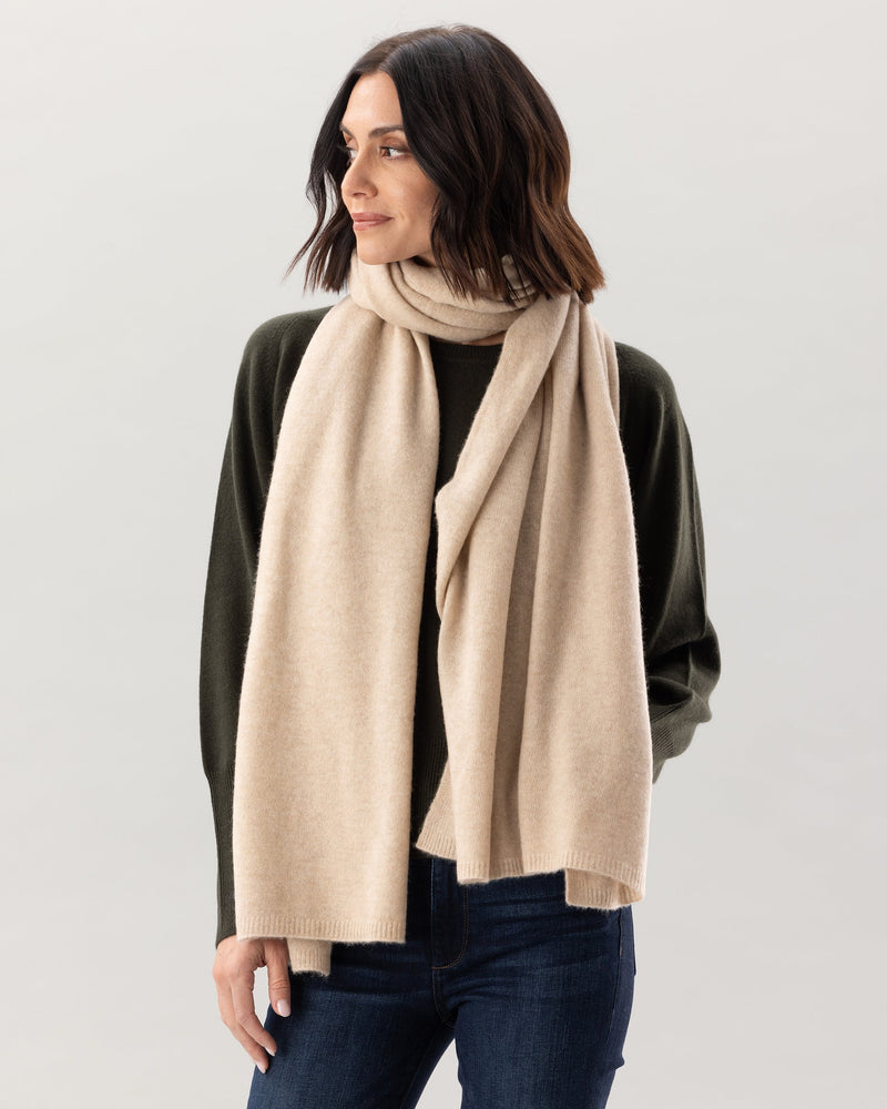 Woman wearing Kennedy Travel wrap in Oatmeal