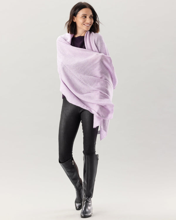 Woman wearing Kennedy Travel wrap in Lavender