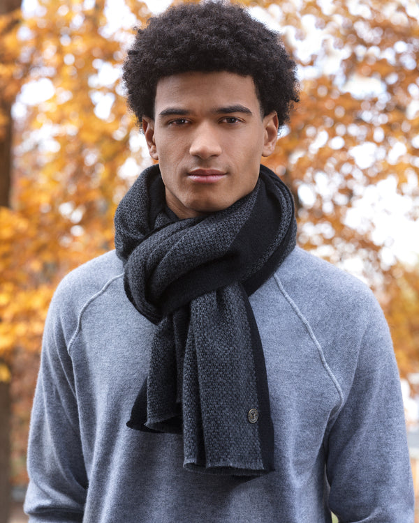 man wearing grey cashmere sweater and Union Scarf in Charcoal