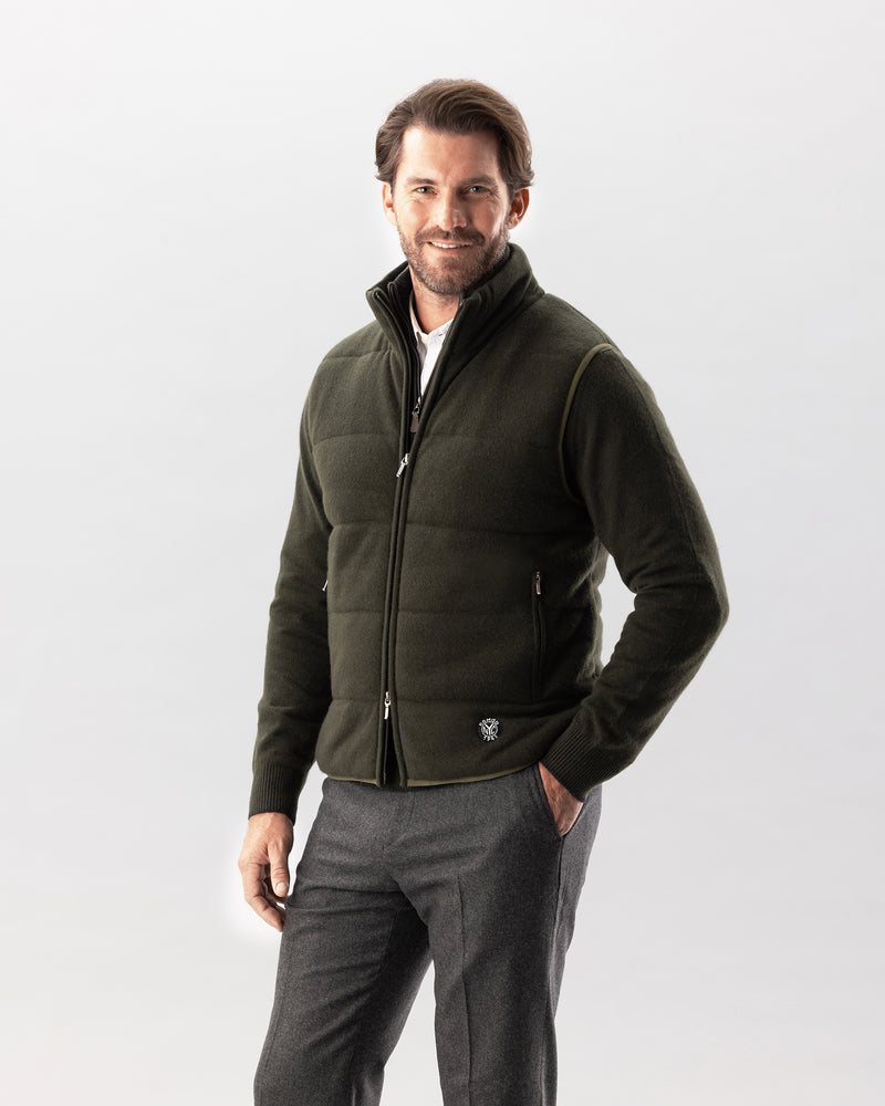Man wearing Fordham Quilted Vest in Olive