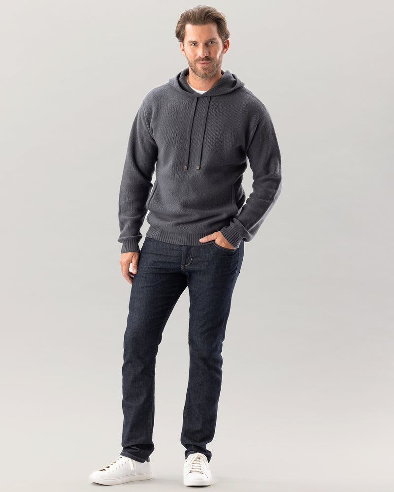 Man wearing Kobre Cashmere Hoodie in Asphalt