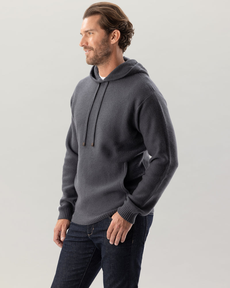 Man wearing Kobre Cashmere Hoodie in Asphalt