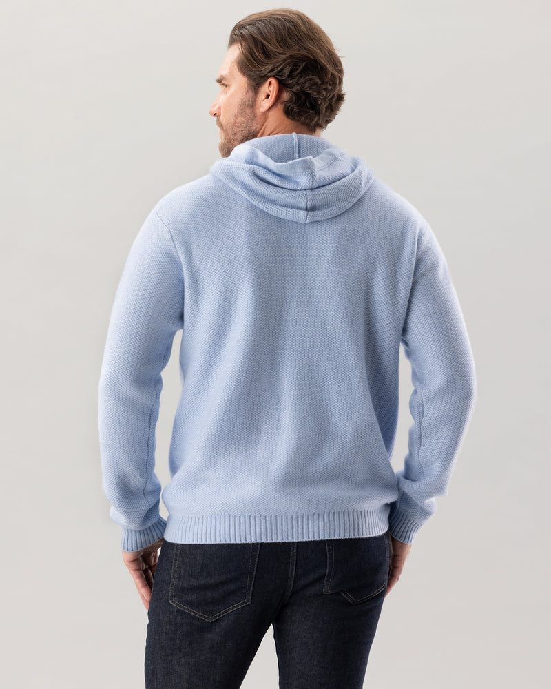 Man wearing Kobre Cashmere Hoodie in Ice Blue