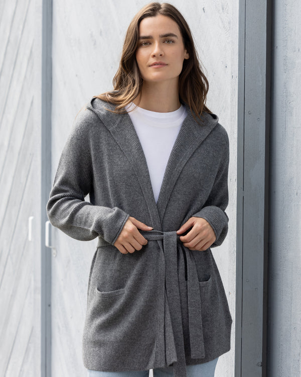 Woman wearing Beekman Cardigan in Slate