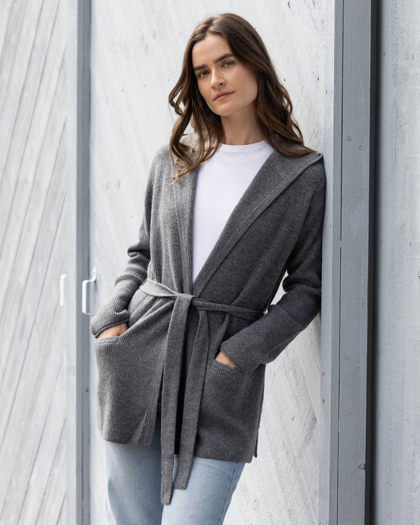 Woman wearing Beekman Cardigan in Slate