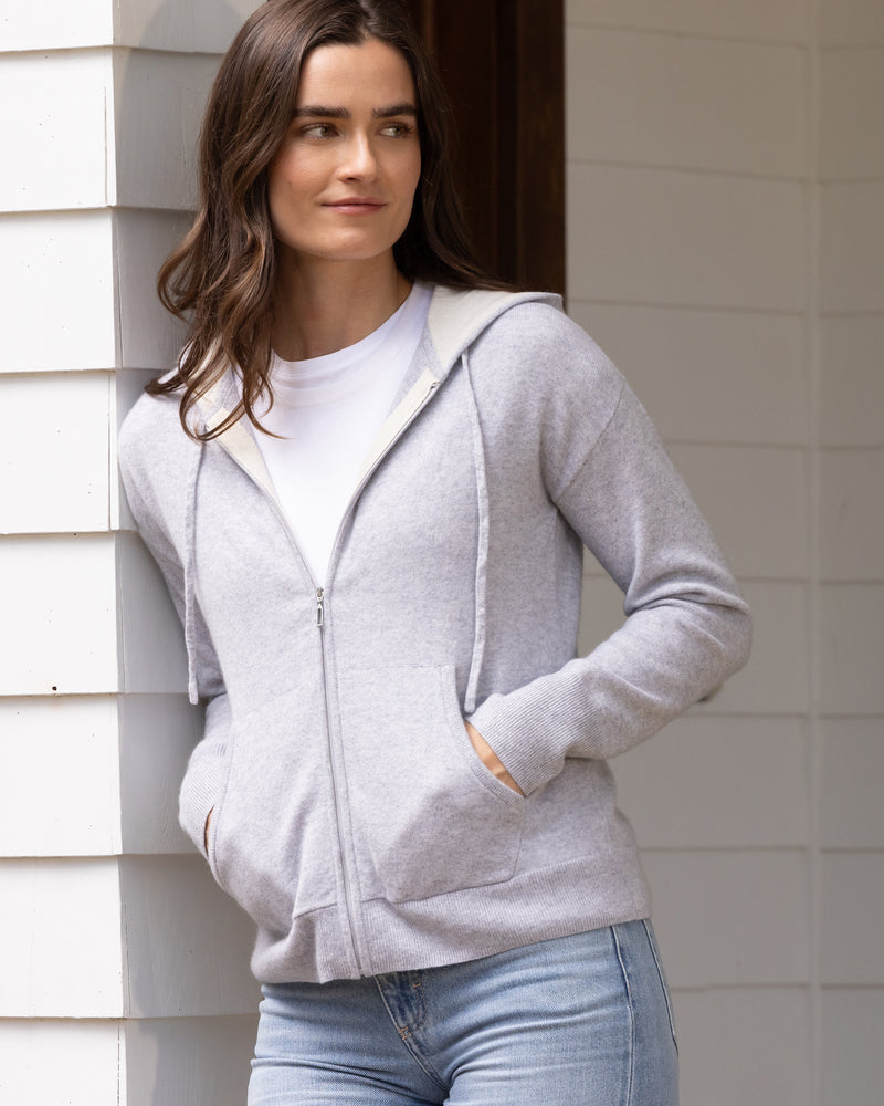 Woman wearing Madison Zip Hoodie in Sterling