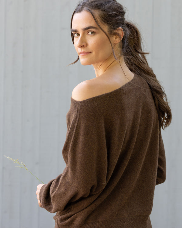 Woman wearing Mulberry Sweater in Mocha