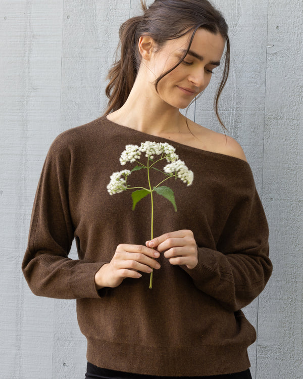 Woman wearing Mulberry Sweater in Mocha