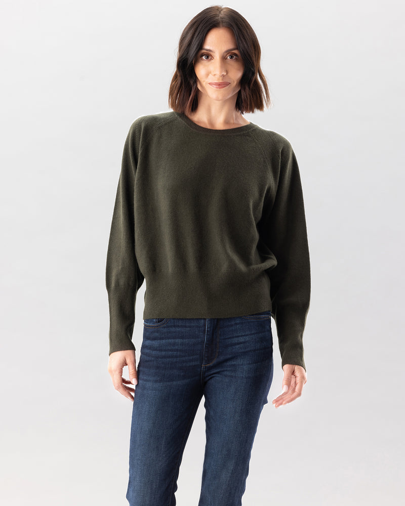 Woman wearing Greenwich Sweater in Olive