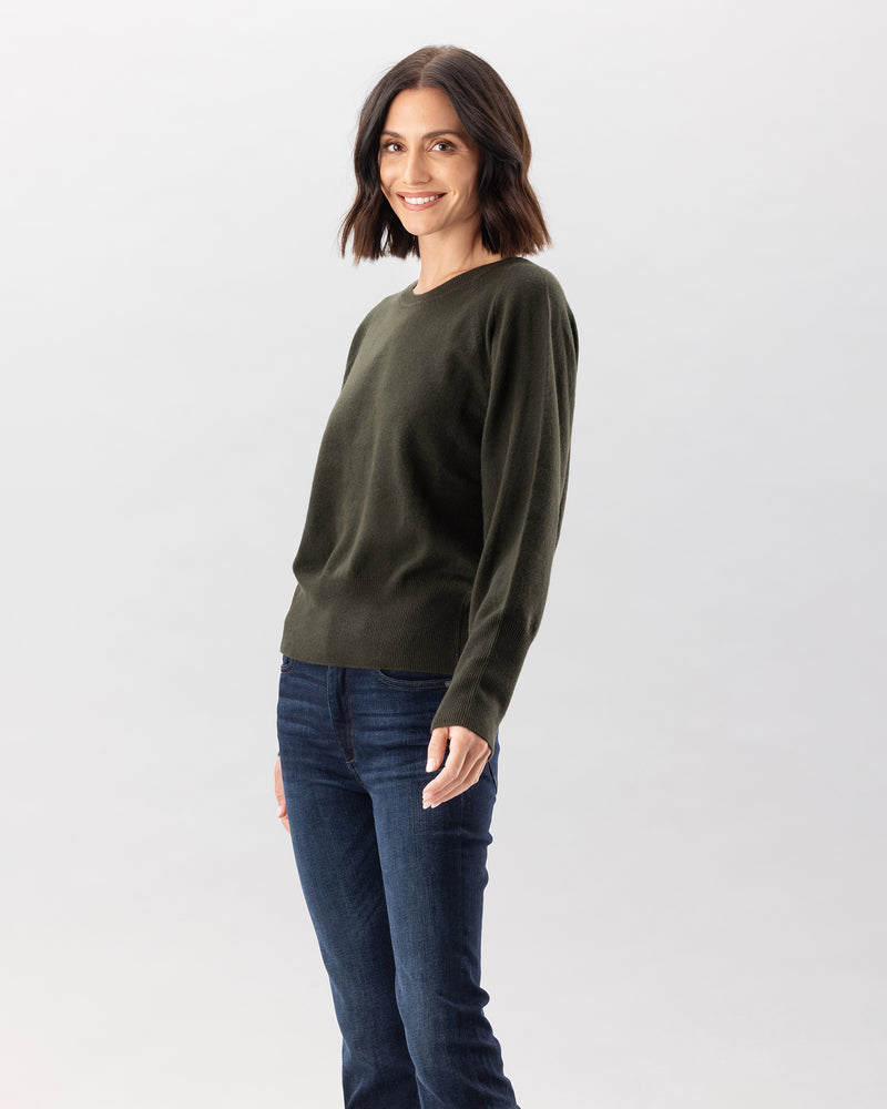 Woman wearing Greenwich Sweater in Olive