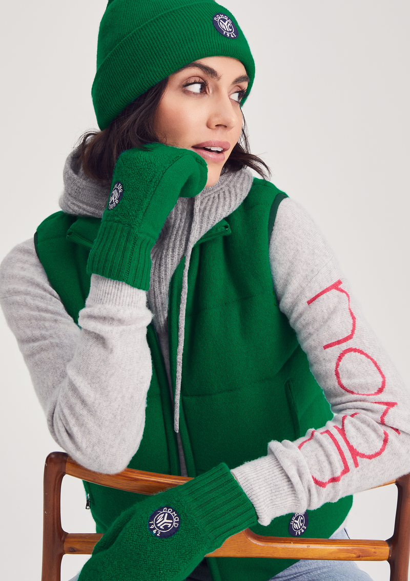 Woman wearing Tudor Mittens in Kelly Green