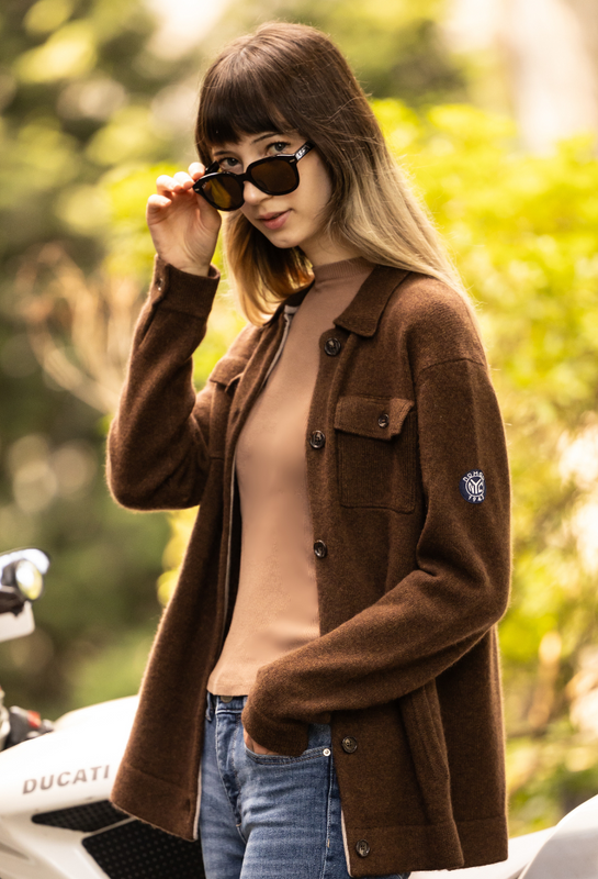 young female wearing brown cashmere Deegan shirt jacket