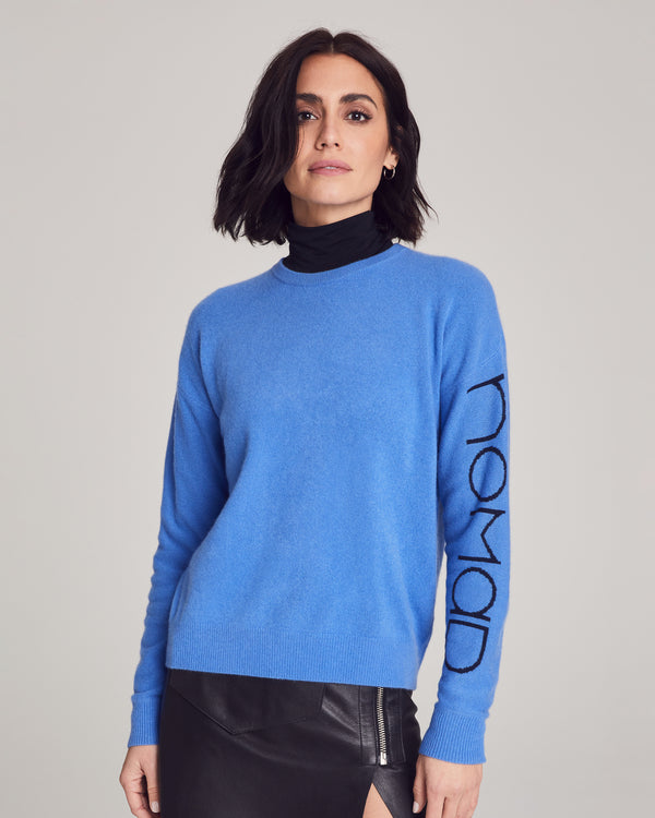 Woman wearing Hewitt Sweater in Cobalt
