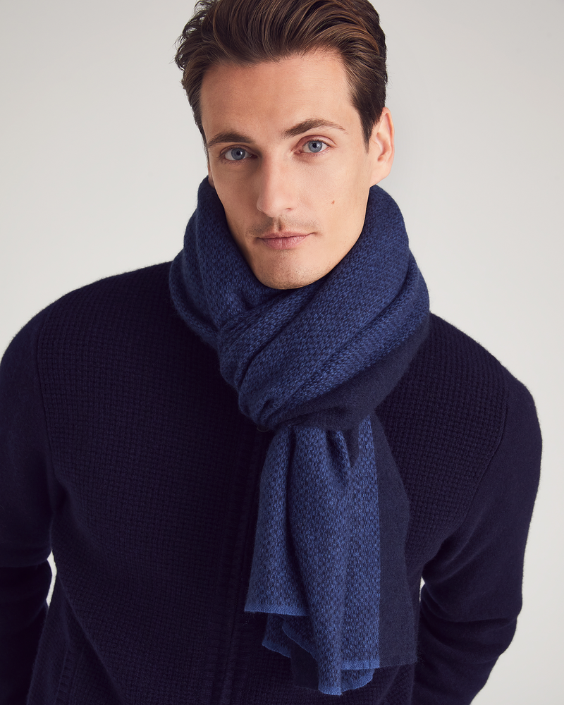 man wearing union scarf in indigo