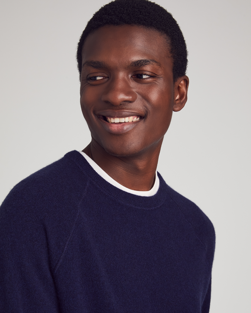 Man wearing Bleecker Sweater in Indigo