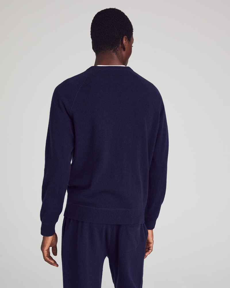 Man wearing Bleecker Sweater in Indigo