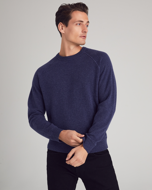 Man wearing Bleecker Sweater in Denim