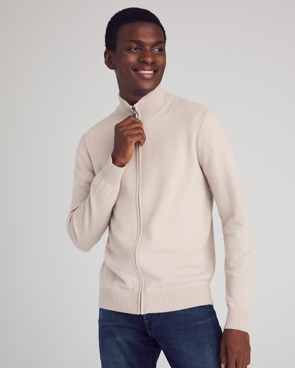 Man wearing Broome Cardigan in Oatmeal