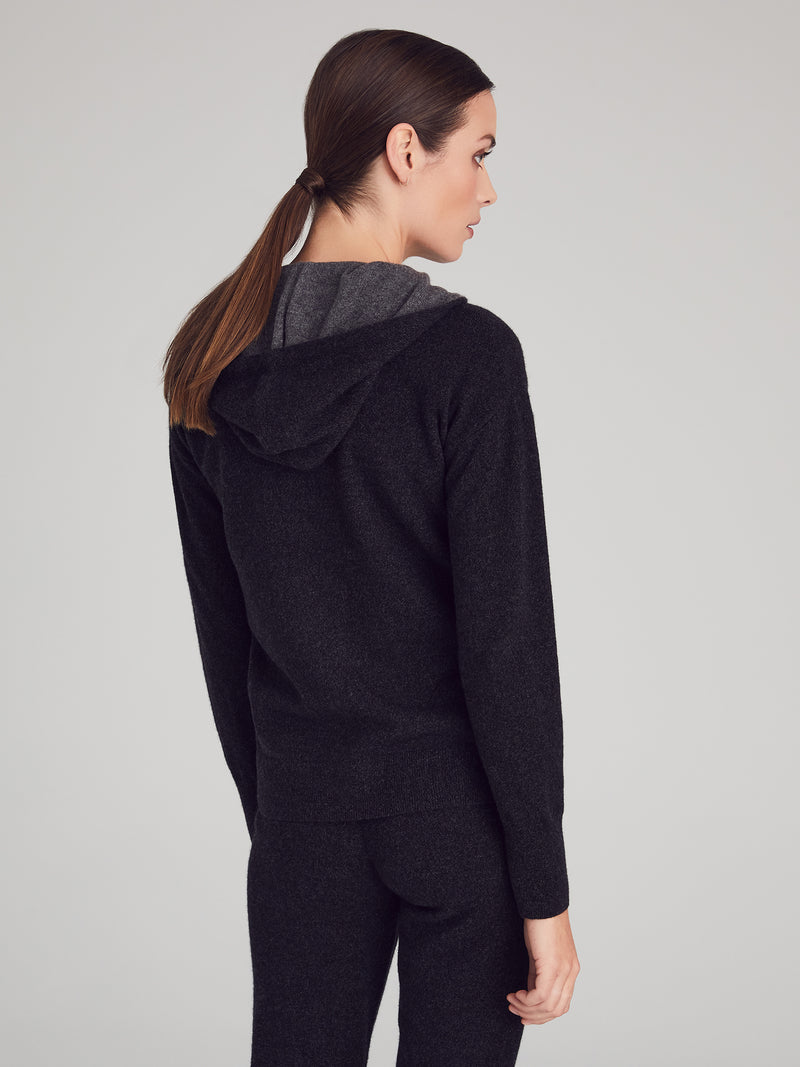 Woman wearing Madison Zip Hoodie in Charcoal