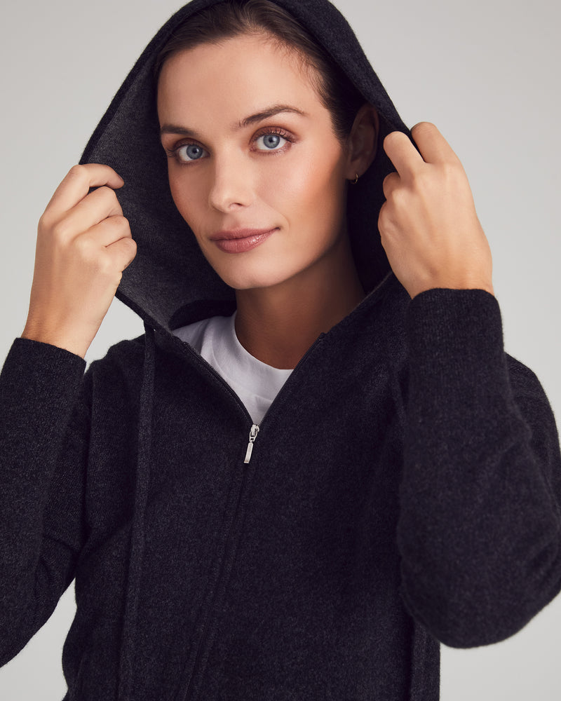 Woman wearing Madison Zip Hoodie in Charcoal