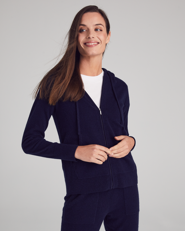 Woman wearing Madison Zip Hoodie in Indigo