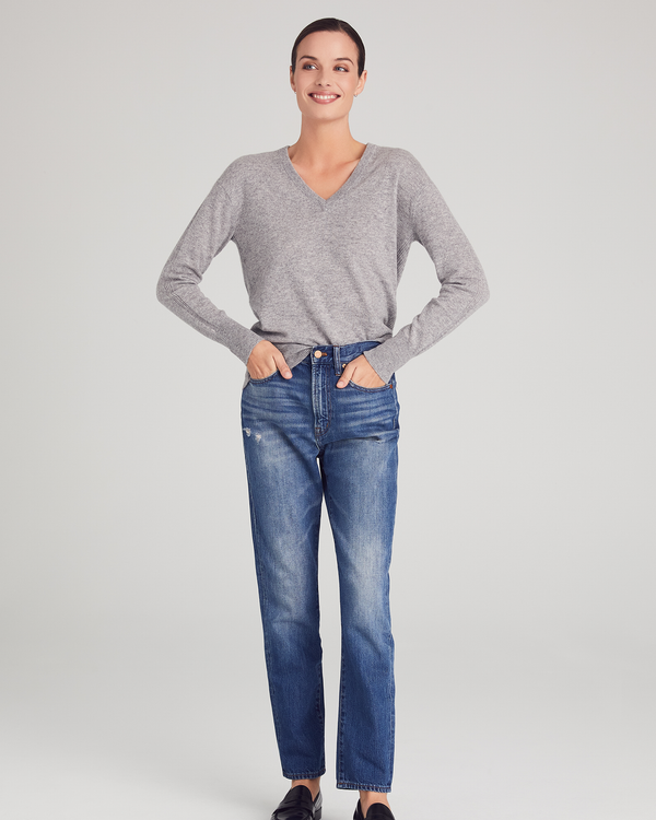 Woman Wearing Bethesda Sweater in Cobblestone