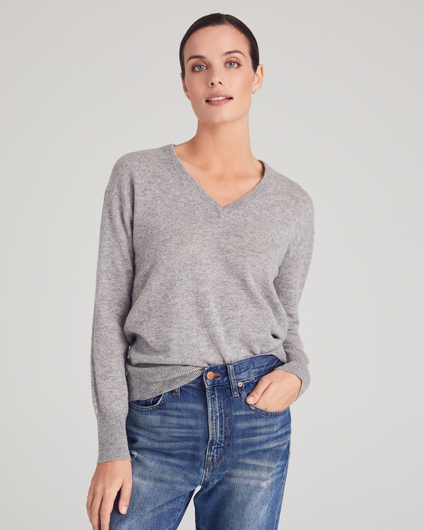 Woman Wearing Bethesda Sweater in Cobblestone
