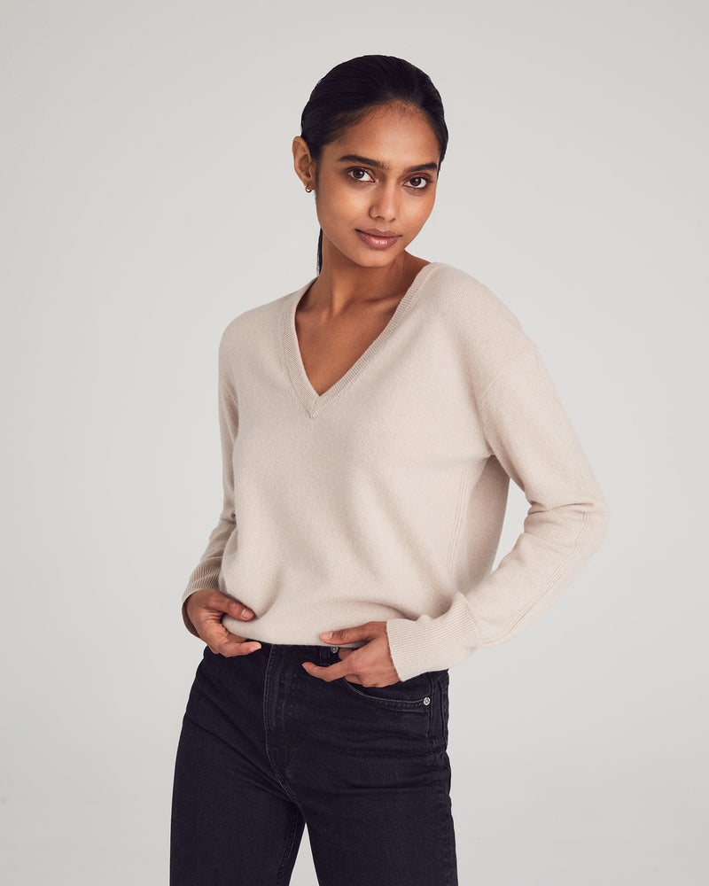 Woman Wearing Bethesda Sweater in Oatmeal